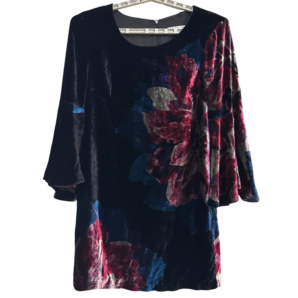 Trina Turk Velvet Shift Dress Bell Sleeve 10 Floral Silk Blend Whimsigoth Fairy